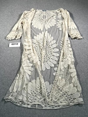 Rebellion Again Kimono Cardigan Womens Medium Beige Lace Floral Open Front