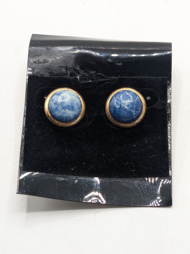 Gold Tone Blue White Cabochon Pierced Earrings - Picture 2 of 9