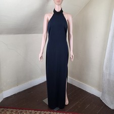 Badgley Mischka Navy Blue Halter Gown Size 6 Open Back Black Collar Long Dress