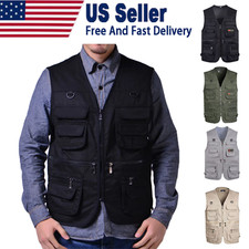 Mens Cargo Multi Pocket Utility Vest Fishing Hiking Camping Gilet Waistcoat Tops