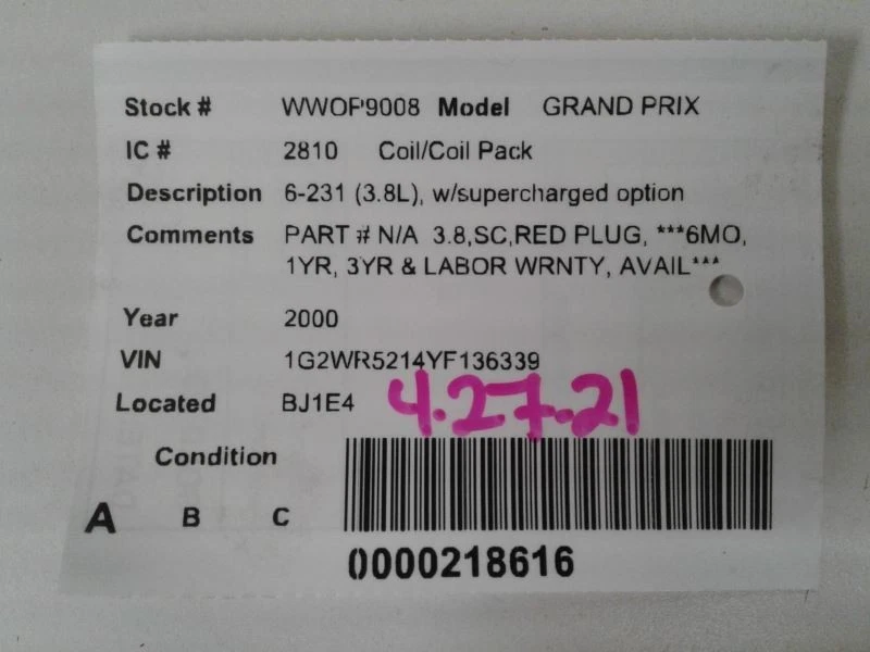 Катушка/зажигатель 6-231 с опцией наддува подходит для 97-07 GRAND PRIX 636803 - Изображение 2 из 2