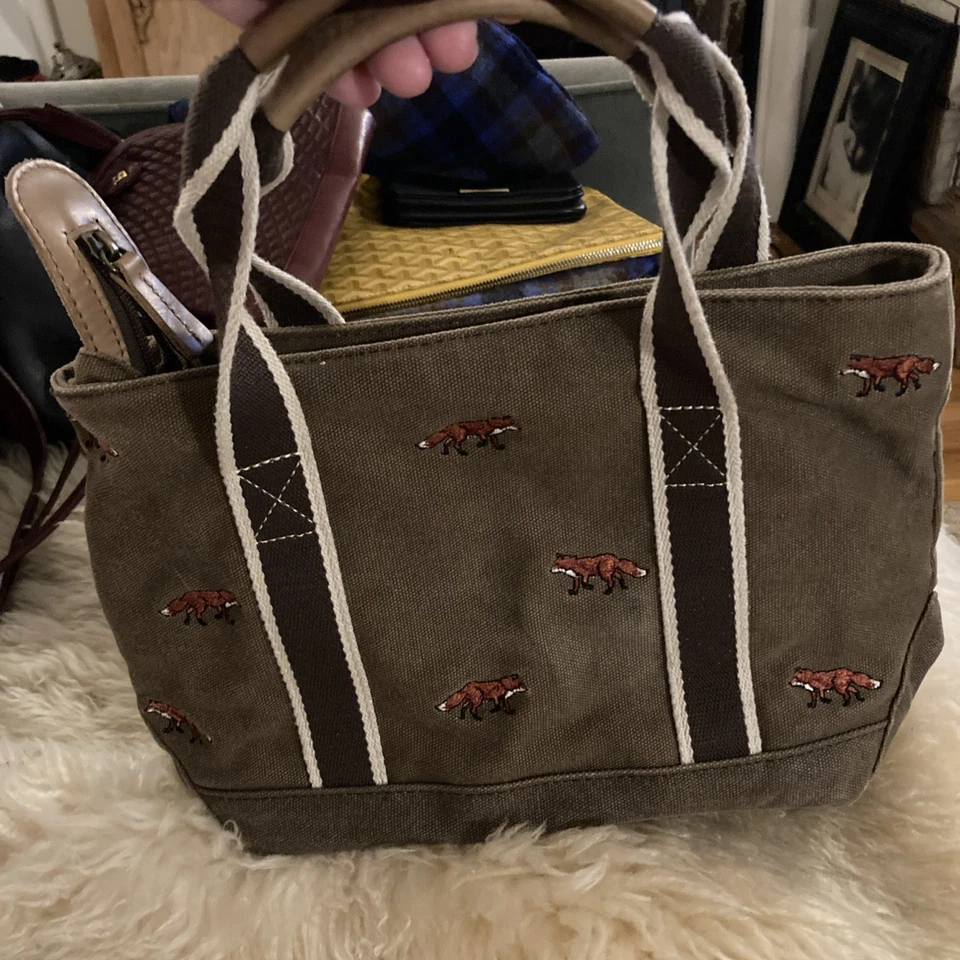 LL Bean boat and tote Brown Vintage Canvas And leather Embroidered Foxes Mini  - Image 2 of 4