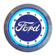 Ford Script Vintage Logo Garage Man Cave 15" Wall Clock w/ Blue Neon Light