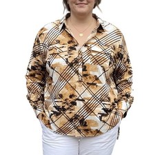 Womens Abstract Floral Geometric Print Button Front Tunic Top Tan Black White