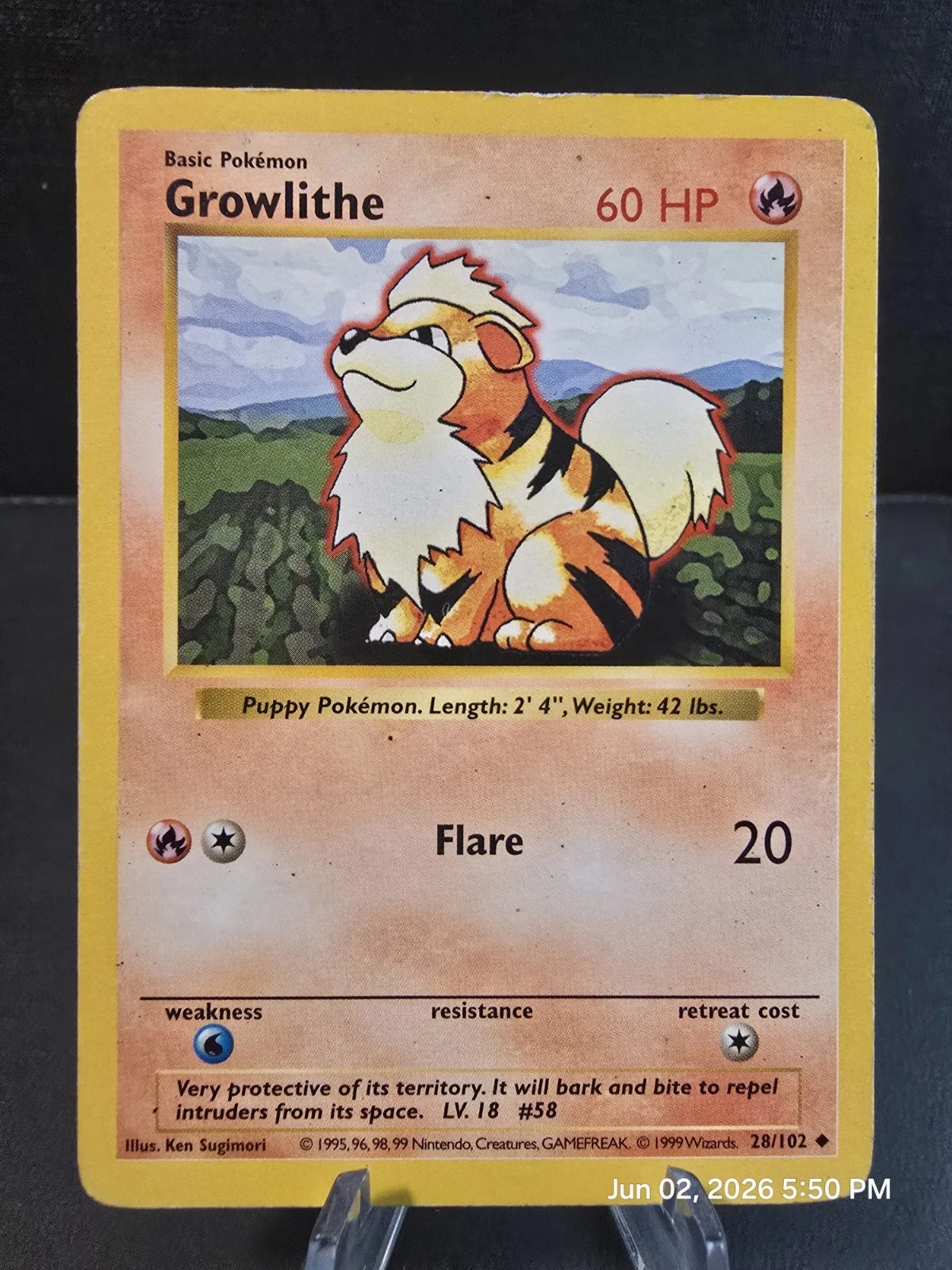 Pokémon Growlithe Shadowless Base Set 28/102 LP WOTC 1999