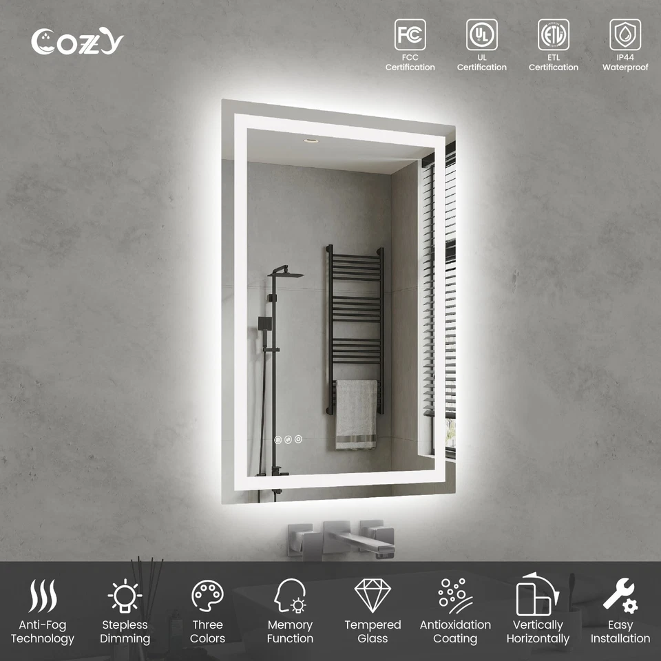 24x36'' LED Bathroom Mirror Wall Vanity Mirror Dimmable Anti-fog Tempered Glass - Image 2 of 4