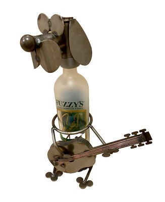 Wine Bottle Holder Metal Sculpture Dog w/ Guitar Vtg. OOAK Handmade Hand Crafted