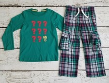 MINI BODEN 7 8 Boys Green Question Mark Tee Plaid Flannel Tartan Pants DC-TT20