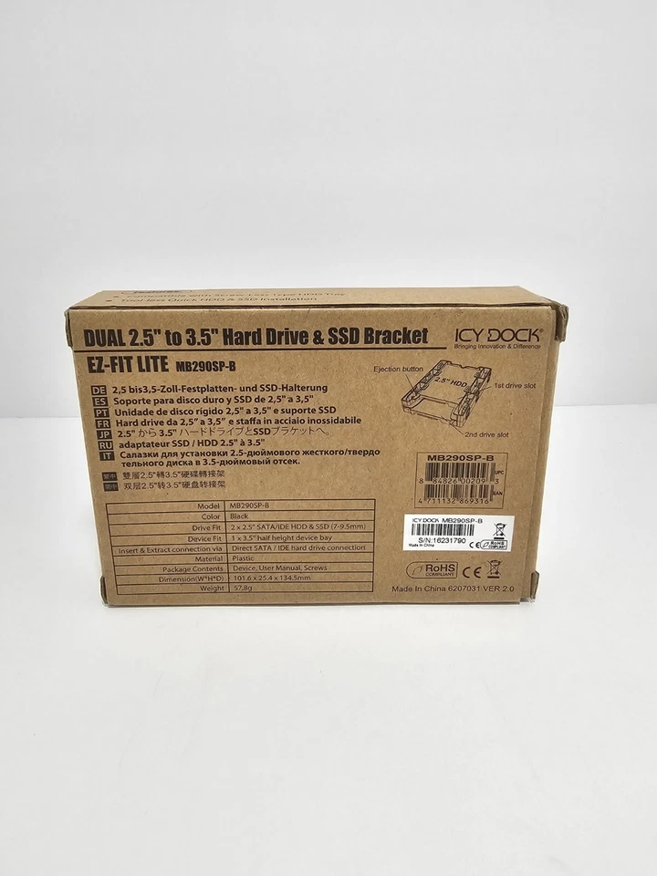 ICY DOCK EZ-Fit Lite MB290SP-B 2 x 2.5 to 3.5 Drive Bay SSD/HDD Mounting Bracket - Image 2 of 4