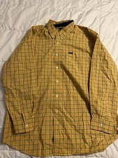 CHAPS EASY CARE Mens Shirt XL Yellow Navy Blue Plaid Button Down Casual Dress