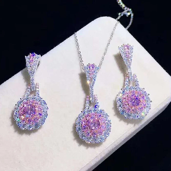 Conjunto de 3 piezas de flores para mujer lote de gemas de topacio rosa dulce collar pendientes anillos Foto 3 de 4