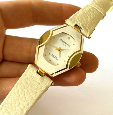 Quemex VIP Quartz Genuine Leather White Color Gold Tone Case