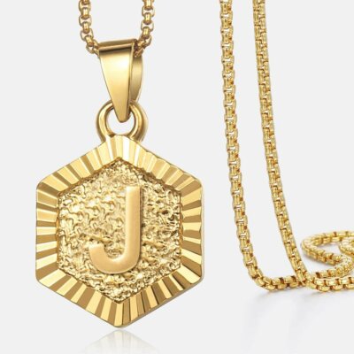 Hexagon A-Z Gold Plated 14k Initial Letter Pendant Necklace 18''-22'' Mens Womens