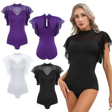 Women Ruffle Mesh Latin Gymnastics Leotard Keyhole Back Bodysuit Tops AU