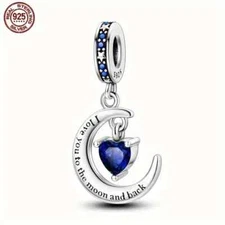 925 Sterling Silver Crescent Moon Blue Cubic Zirconia Heart Bead Charm