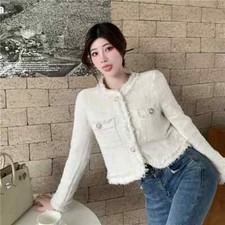 Cappotto Donna Giacca Corto Blazer Bianco Tweed Coco Elegante Slim Fit 38187