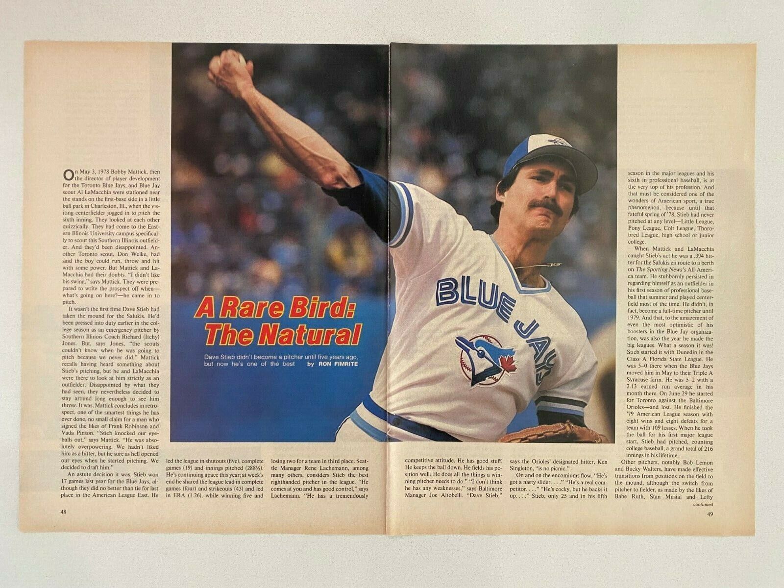 Dave Stieb Toronto Blue Jays Vintage 1983 Magazine Photo