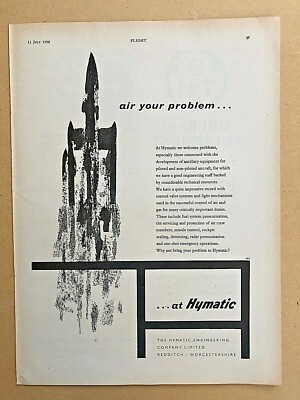 1958 Flugzeugwerbung HYMATIC ENGINEERING COMPANY STEUERVENTIL KRAFTSTOFFANLAGE 