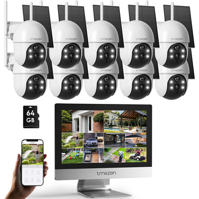 TMEZON 4MP SOLAR WLAN FUNK Überwachungkamera Set CCTV 12'' Monitor PTZ Außen IP66