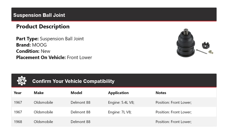 For 1967-1968 Oldsmobile Delmont 88 Suspension Ball Joint Front Lower MOOG - Image 2 of 4