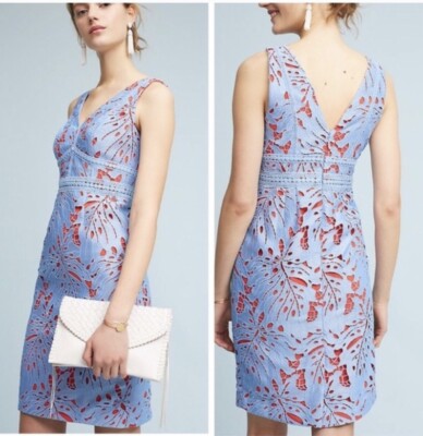 Anthropologie Gardenia Lace Column Dress Orange Periwinkle Blue Sz 0 Maeve  | eBay