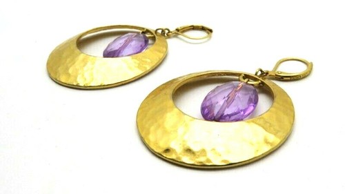 Joan Rivers Earrings Large Hammered Gold Tone Purple Pierced Lever Back Dangle - Picture 2 of 12