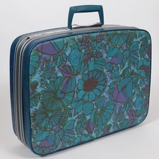 Vintage 70s Samsonite Fashionaire Blue Green Flowers Floral Suitcase 20"x15"X6"