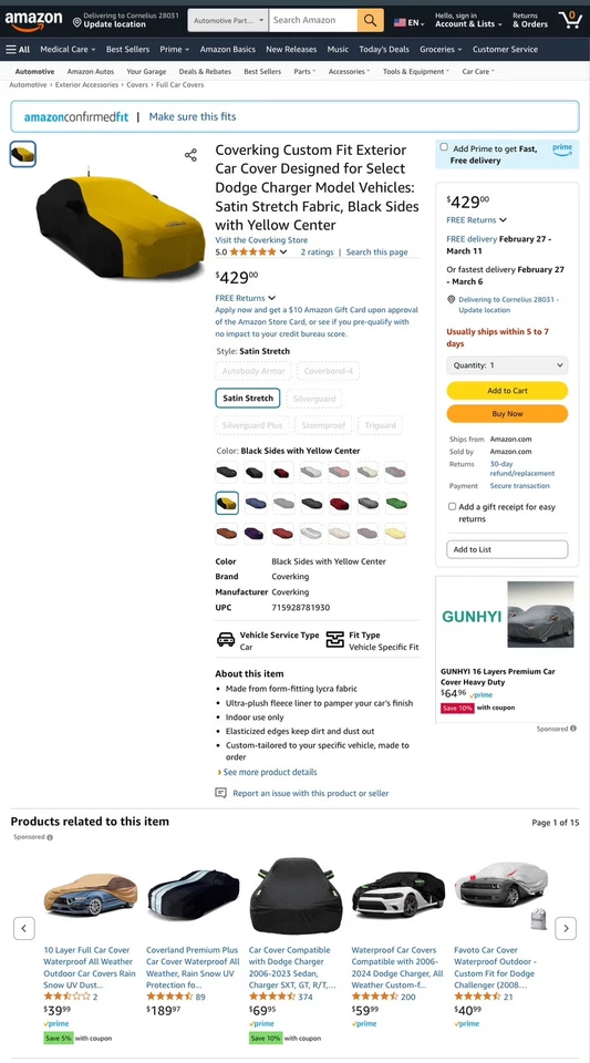 Cubierta exterior de auto Coverking Custom Fit diseñada para Dodge Charger seleccionado Foto 3 de 3