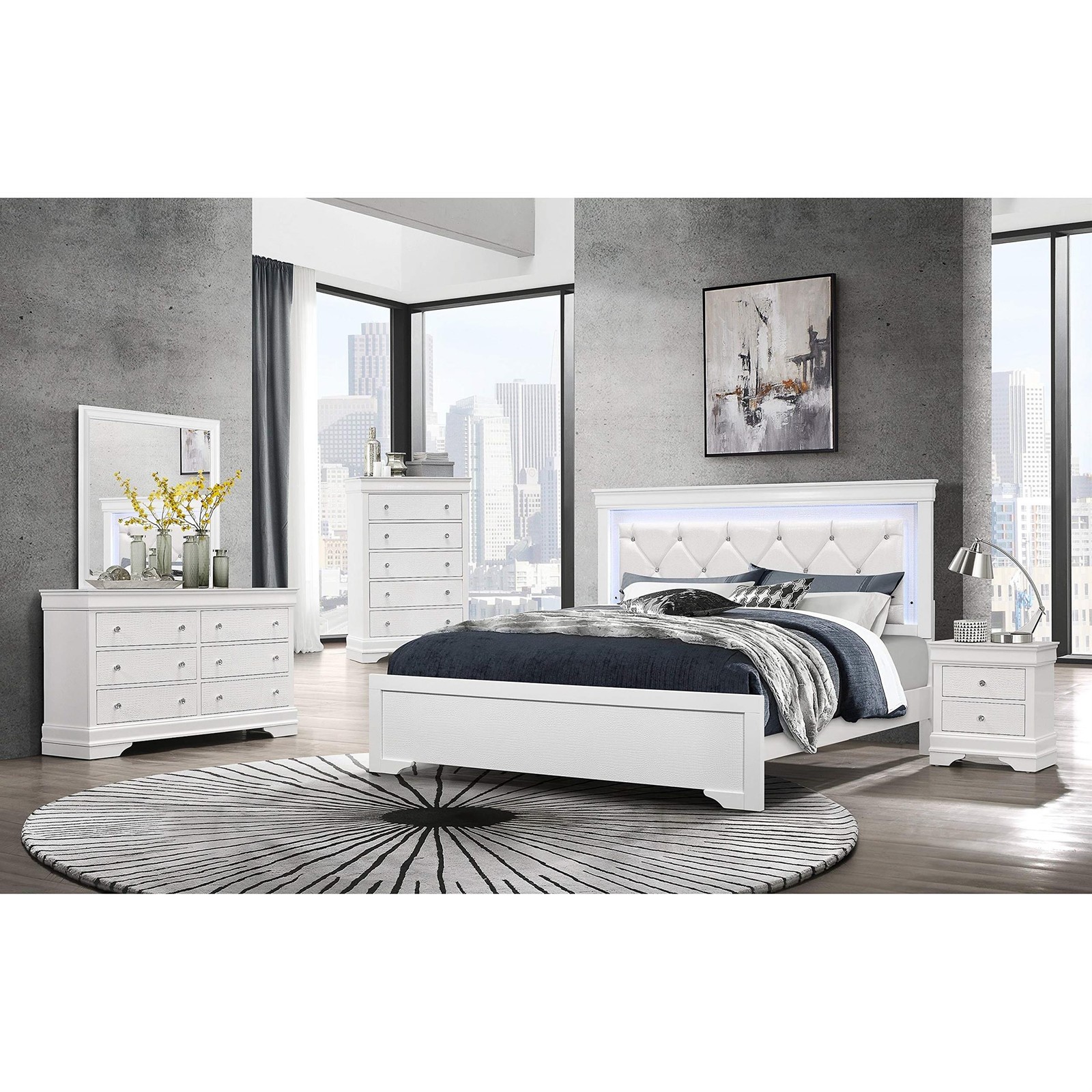Global Furniture USA Pompei Metallic White Queen Bed w/ LED Light