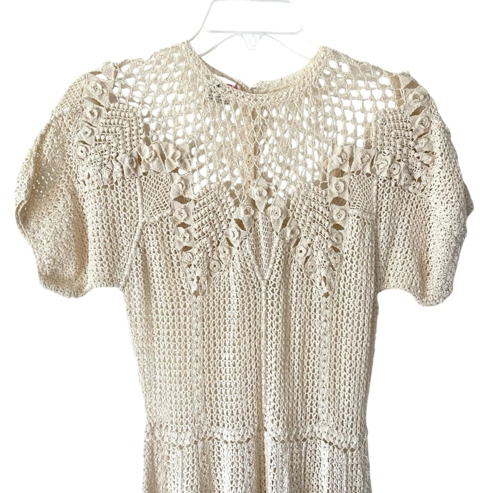 Vestido Vintage Lims Algodón Crochet Floral Tejido Abierto Crema Beige Talla Pequeña Foto 2 de 4