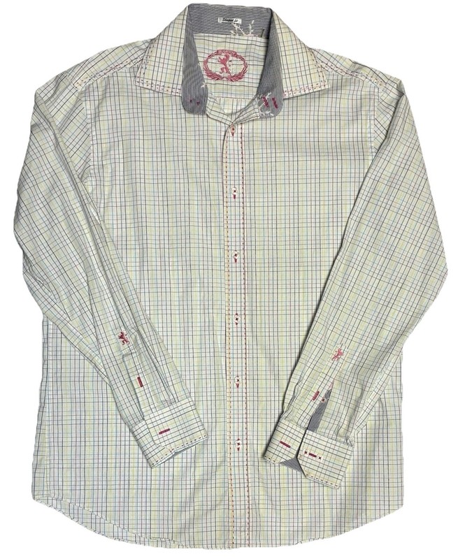 Bugatchi Men’s Shaped Fit Dress Shirt Check Long Sleeve Floral Contrast Cuff XL