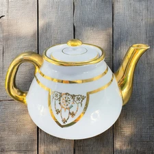 Antique Fraunfelter China Periwinkle Gold Teapot Carafe Ceramic With Lid Vintage