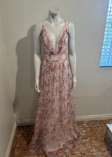 Boden Pink Floral Chiffon Maxi Dress Sleeveless V-Neck Lace Accents Size S