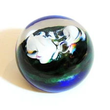 VTG Studio Art GLASS PAPERWEIGHT Ocean Earth Snow Cap Mountains 2.75" Blue White