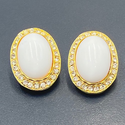 White Milk Glass Vintage Oval Cabochon Clip Earrings Rhinestone Halo GoldTone