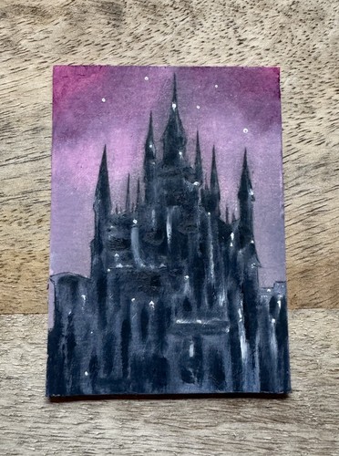 ACEO/ATC Original Mini Oil Painting Dark Castle Signed Art 3.5x2.5