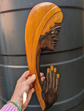 Vtg Tribal African Wood Hand Carved Lady Face Wall Hanging Art Abstract Plaque