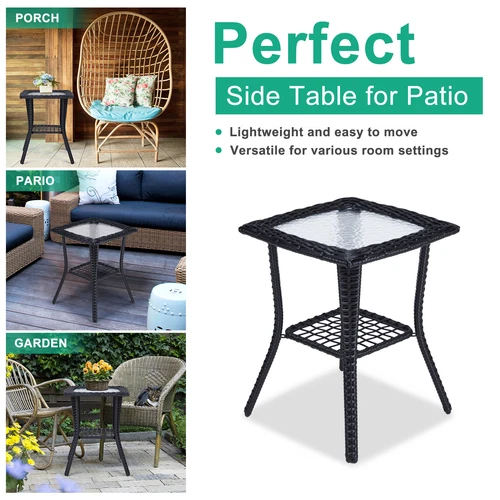 Outdoor Wicker Side Table Rattan End Table with Glass Top for Patio Black - Picture 10 of 12