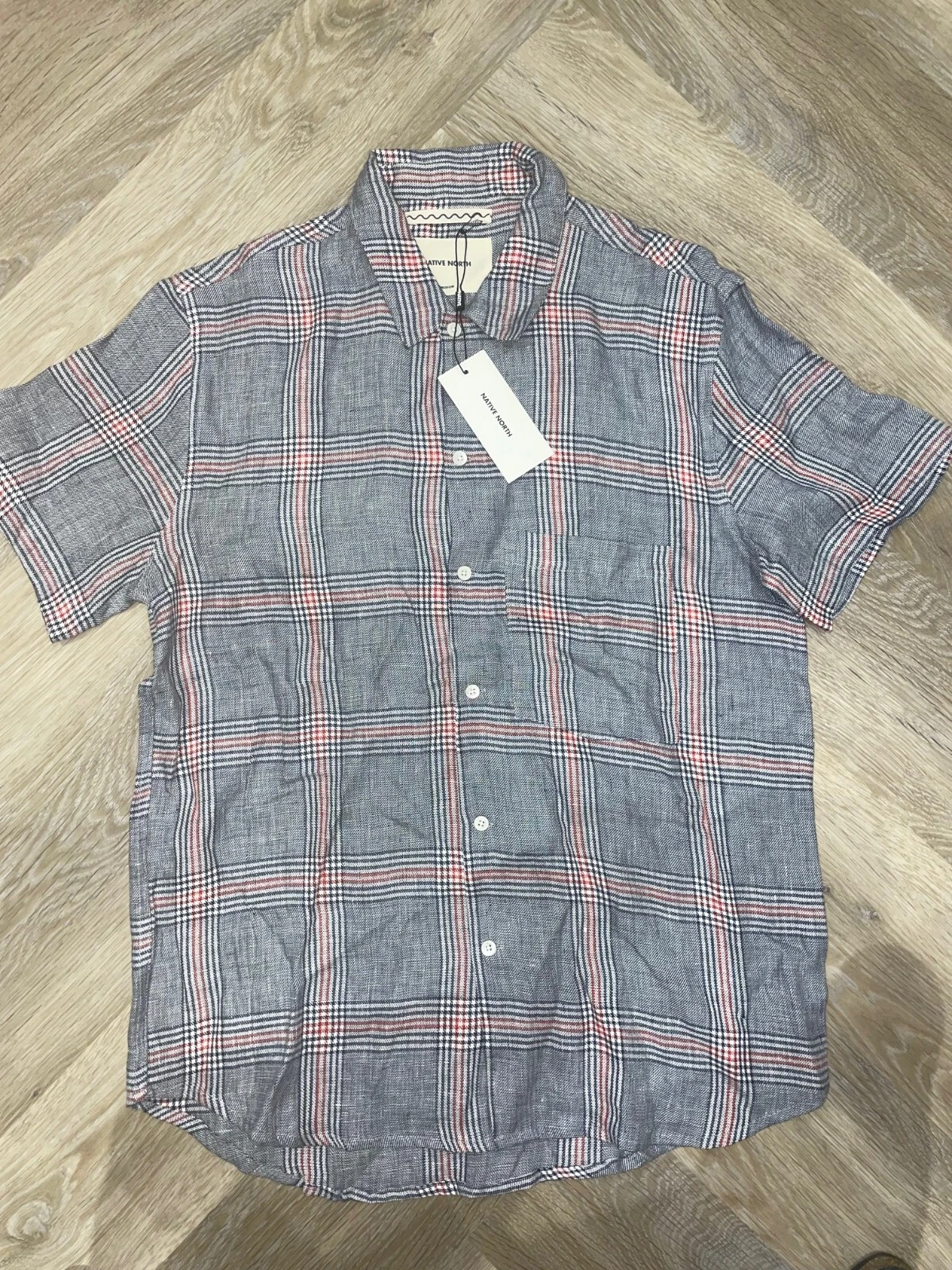 Native North Anholt Linen Shirt Size M Blue Red Check Relaxed Fit