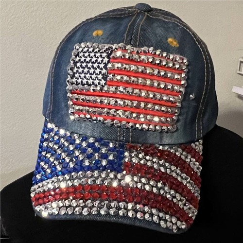 GRUNGE Distressed Denim BLING HAT American Flag Baseball Cap RHINESTONES PATRIOT - Picture 2 of 3