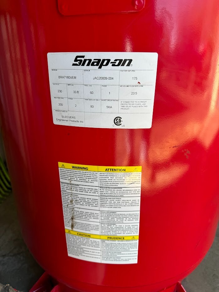 Snap On 7.0 hp 80 gallon three phase air compressor 175 psi max