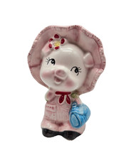 Vintage 1983 Piggy Bank Pink Overalls Bonnet Flower Blue Purse Pig Figure 5.5"