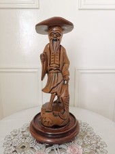 Vintage Wooden Handmade Figurine Chinese Fisherman Woodcraft Carved Collectible