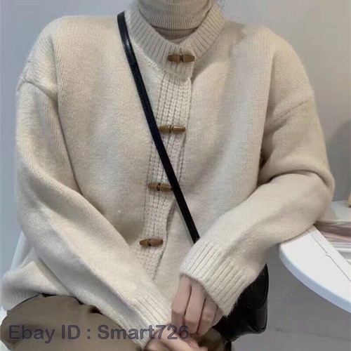 Women Casual Horn Button Knit Cardigan Loose Sweater Jacket Round Neck Top Warm - Picture 6 of 30