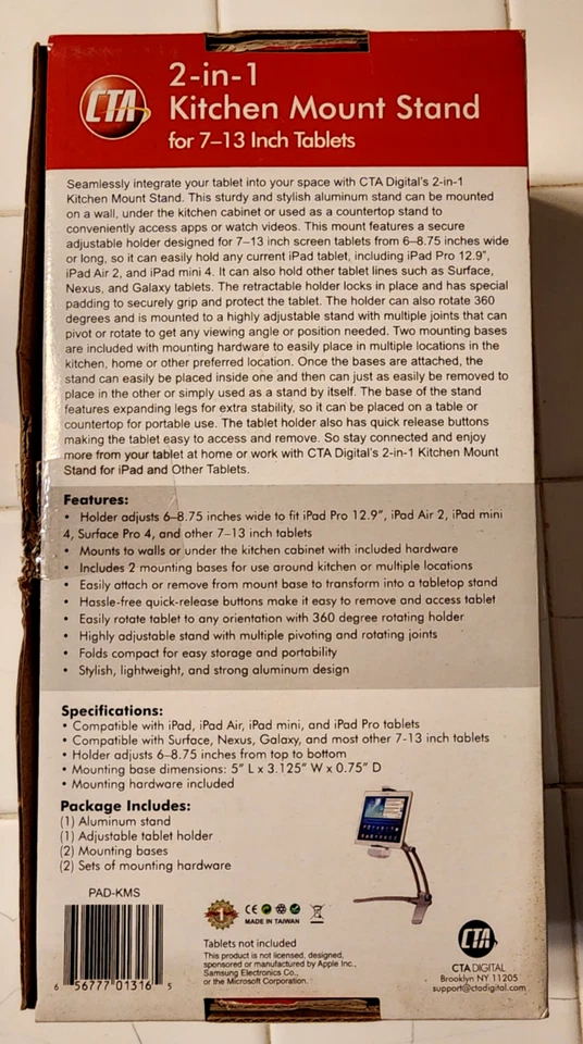 CTA Digital 2-In-1 Kitchen Mount Stand for Tablets 7"-13" (PAD-KMS) - Image 4 of 4