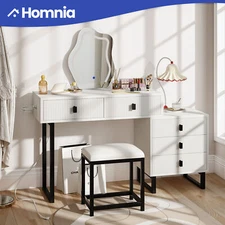 43" Vanity Desk Side Cabinet Makeup Table 5 Drawers Mirror LED  w/ Power Outlets