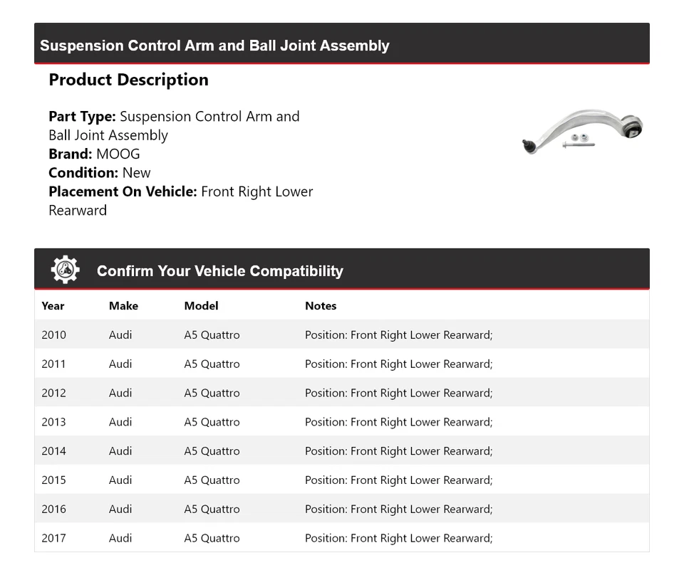 Para 2010-2017 Audi A5 Quattro braço de controle dianteiro direito inferior traseiro MOOG 2010 - Imagem 2 de 4
