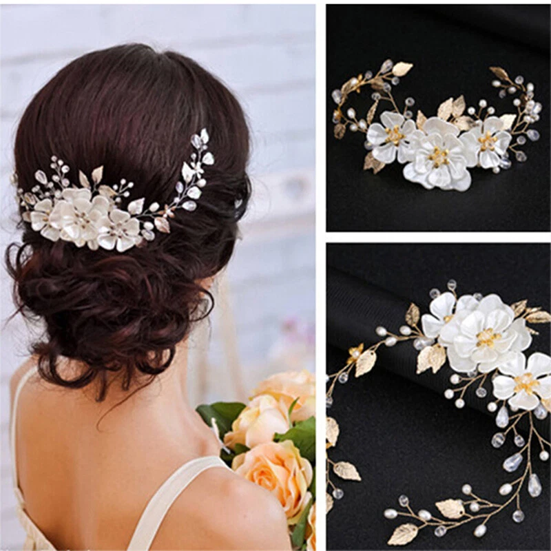 Women bridal white flower rhinestone pearl hair clip wedding hair