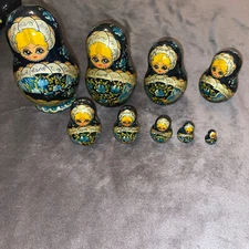 R. Ceprueb Nocag 9 PC Hand Painted/Signed Russian Nesting Doll Vintage Blue