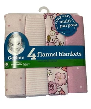 Gerber Baby Girls 4 Flannel Receiving Blankets, Floral, Stripes, Dots,